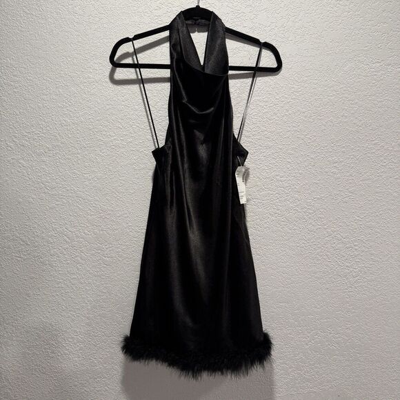 Morgan & Company Juniors Halter-neck Feather Trim Black Mini Dress Women’s 7 NWT - Picture 3 of 11